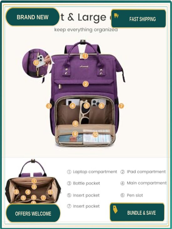 Waterproof Laptop Backpack for Women with Tumbler Holder, 15.6 Inch, Personal main image 4